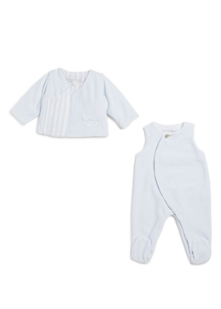 Light Blue Velvet Jumpsuit Jacket Baby Boy Set of 2