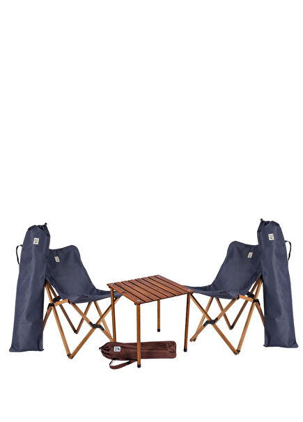 Wooden Brown Navy Foldable Camping Table and Chair Set