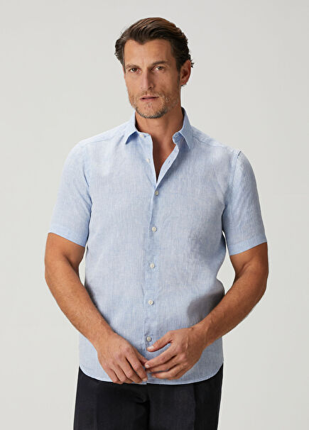 Açık Mavi Kısa Kollu Keten Gömlek