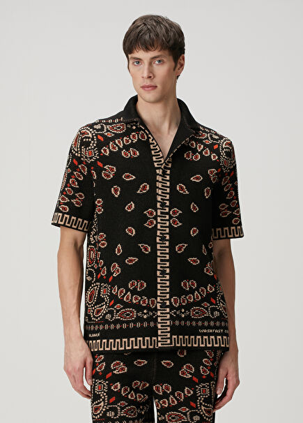Black Orange Ethnic Pattern Jacquard Knit Shirt