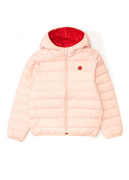 Kırmızı Pembe Kapüşonlu Çift Taraflı Çocuk Mont