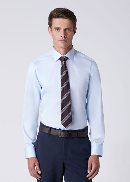 Slim Fit Açık Mavi Pamuk Saten Non-iron Gömlek