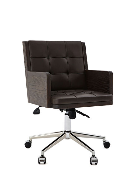 Koyu Kahve Deri Masif Ceviz Gövdeli Kaplama Ofis Koltuğu