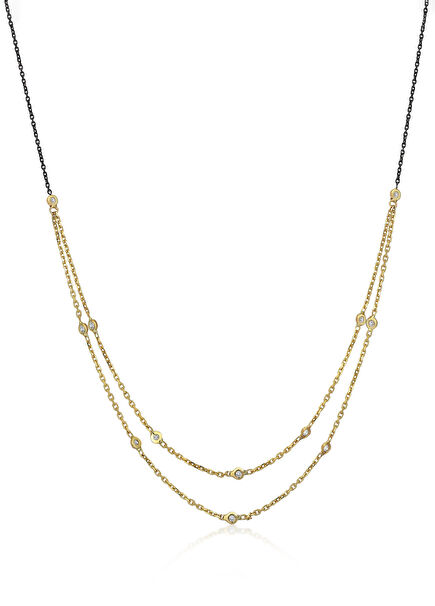 Double Chain 14K Gold Women's Necklace with Bezel Diamonds