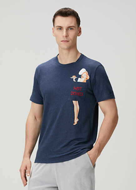 Ecstasea Lacivert Figür Baskılı Keten T-shirt