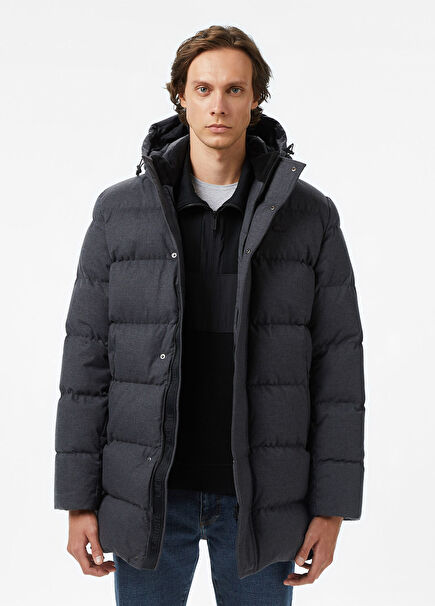  Koyu Gri Kapüşonlu Erkek Mont