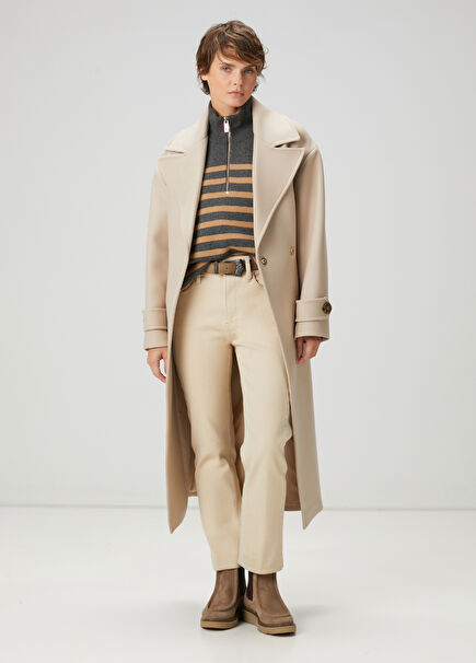 Beige Double-Breasted Wool Coat