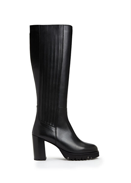 Black Chunky Heel Leather Boots