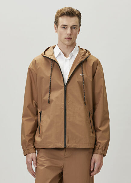 Deve Tüyü Kapüşonlu Deri Biyeli Mont