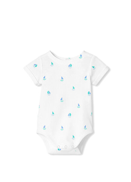 Baskılı Beyaz Kısa Kollu Erkek Bebek Çıtçıtlı Body