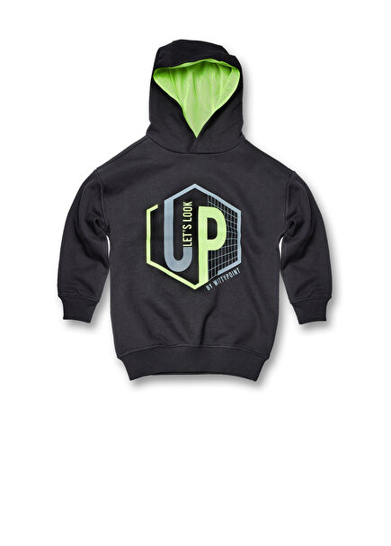 Siyah Reflektör Slogan Baskılı Erkek Çocuk Kapüşonlu Sweatshirt