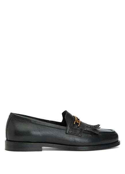 Brown Chain Logo Detail Women's Leather Loafer