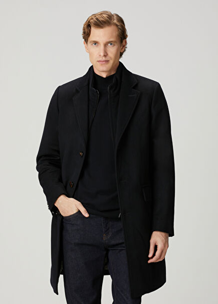 Montesi Navy Blue Inner Collar Detail Wool Coat