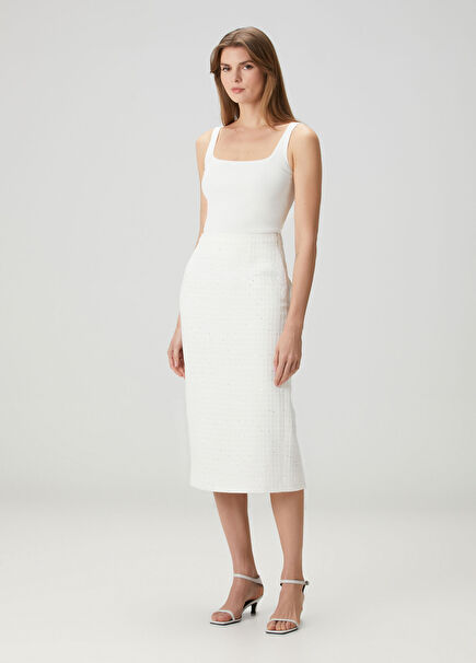 Beyaz Payetli Midi Etek