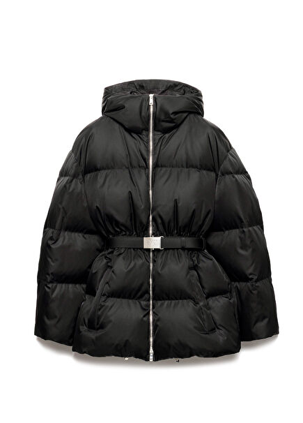 Black Re-Nylon Hooded Women's Puffer Jacket
