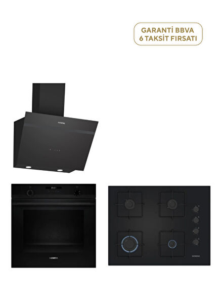 EO7C6PP30O iQ300 Black Gas Cooktop 67 cm + HU717ABA0T Black Steam Supported Built-in Oven + LC66KPJ60T iQ300 Black Glass Wall Mounted Hood Set of 3