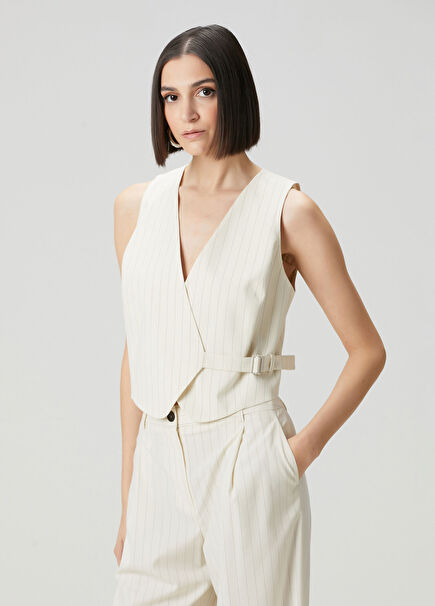 Ecru Black Belt Detailed Striped Vest