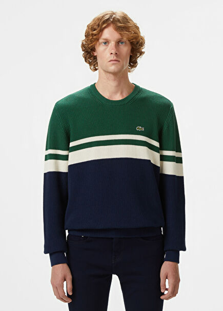 Renk Bloklu Lacivert Bisiklet Yaka Classic Fit Erkek Kazak