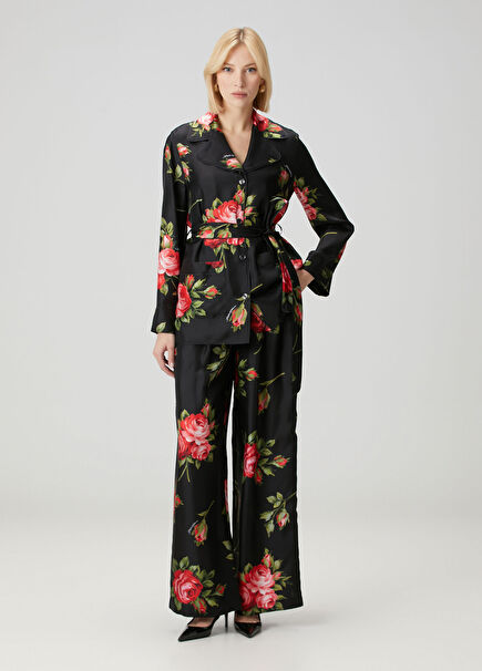 Red Floral Twill Silk Pants