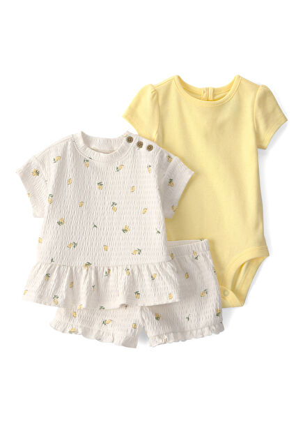 Colorful Lemon Patterned Short Sleeve Baby Girl Body Shorts Set of 3