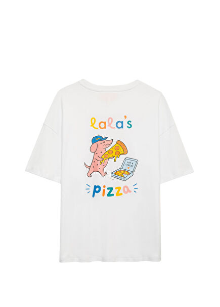Pizza Baskılı Beyaz Pamuklu Oversize Kısa Kollu Unisex Çocuk T-shirt