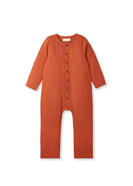 Muslin Long Sleeve Brick Color Kids Jumpsuit