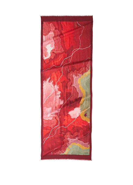 Fracture Kırmızı Soyut Desenli Yün Kadın Şal