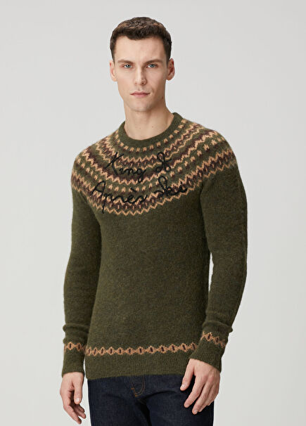 Green Ethnic Pattern Jacquard Wool Sweater