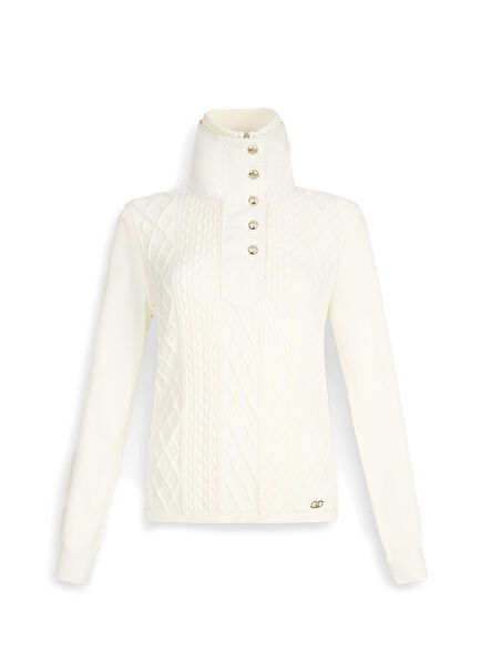 White Graphic Knit Stand Collar Women's Knit Sweater