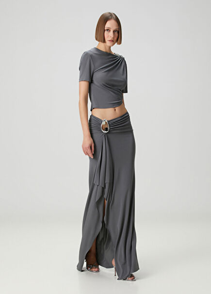 Gri Drapeli Maksi Jersey Etek