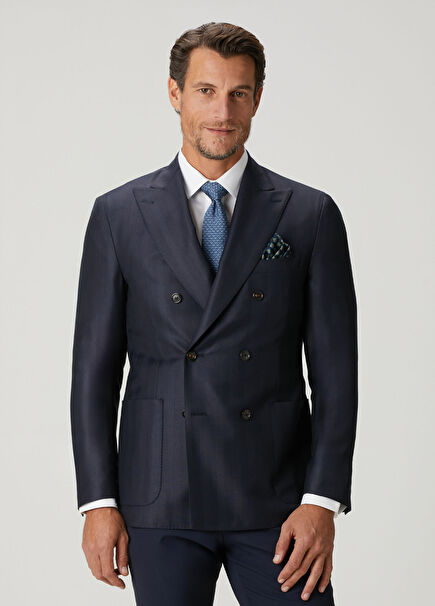 Navy Blue Striped Wool Double-Breasted Jacket