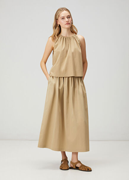 Bej Beli Lastikli Midi Etek