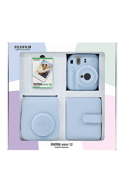 Instax mini 12 Mavi Fotoğraf Makinesi Bundle Box + 10'lu Film Kare Albüm ve Deri Kılıflı