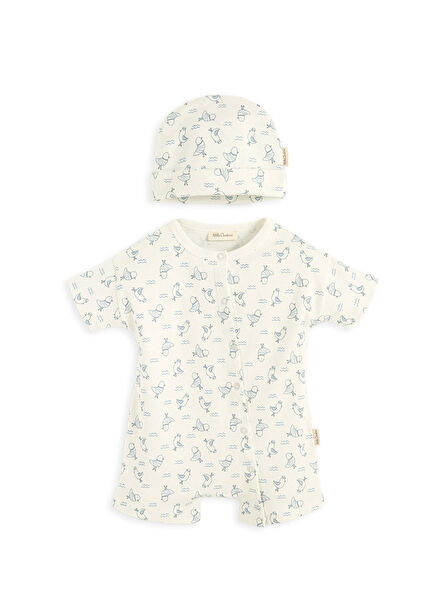 Sea Sıde Baskılı Ekru Kısa Kollu Tulum ve Şapka Unisex Bebek 2'li Set