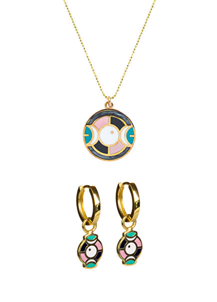 Triple Moon 925 Gold Plated Women's Medallion and Hoop Earrings Set on Sterling Silver