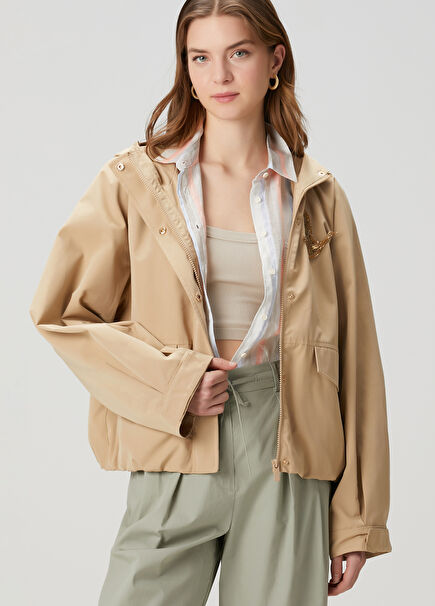 Beige Hooded Crystal Logo Jacket