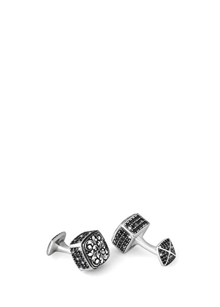 Engraved Cap Dia Zircon Black Silver Cufflink