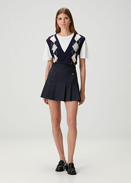 Theanis Navy Blue Striped Mini Wool Skirt