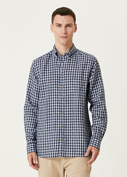 Koyu Mavi Pötikare Desenli Keten Gömlek