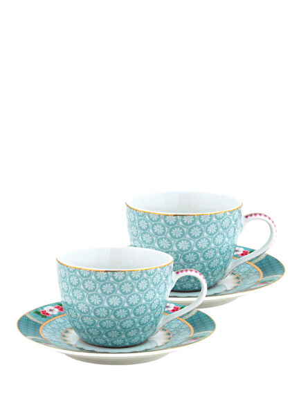 Blushing Birds Mavi Desenli Porselen 2'li Kahve Fincanı ve Tabağı Seti