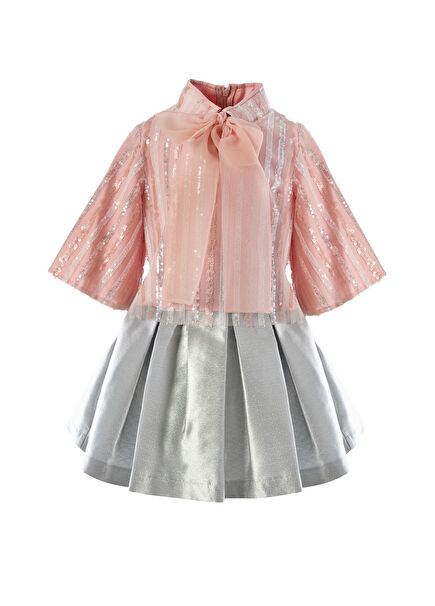 Pudra Işıltılı Fiyonklu Bluz ve Gümüş Rengi Etek Kız Çocuk 2'li Set 