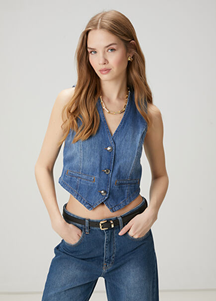 Mavi Crop Denim Yelek