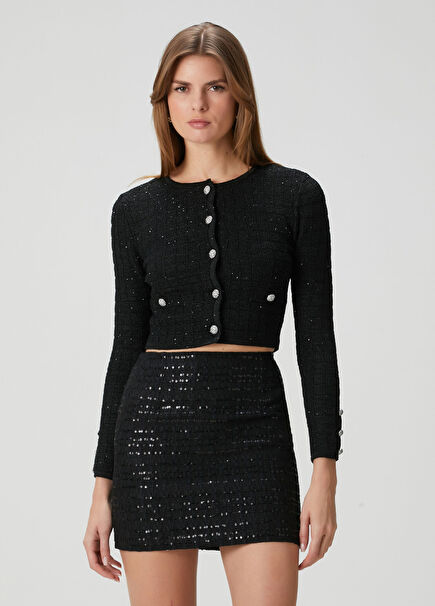 Siyah Crop Tweed Hırka
