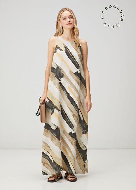 Brush Print A-Line Maxi Linen Dress