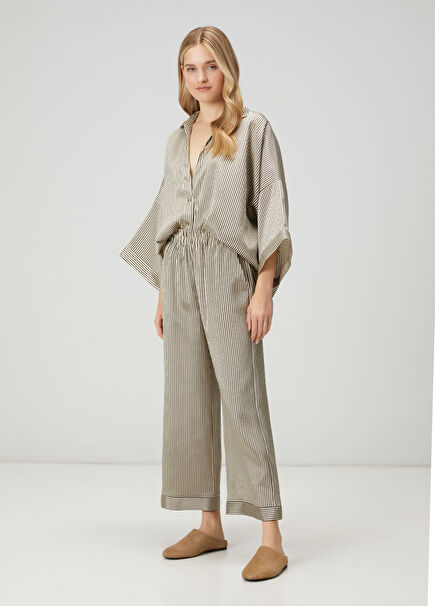Beige brown satin striped trousers
