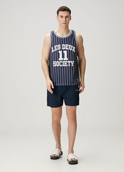 Navy Blue Waist Corded Logo Embroidered Swimsuit