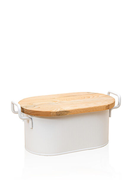 Stripe Beyaz Metal Ahşap Kapaklı Ekmek Kutusu 40 x 22 cm