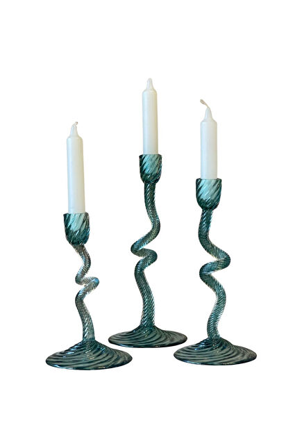 Twister Green Glass 3-Piece Candlestick Set