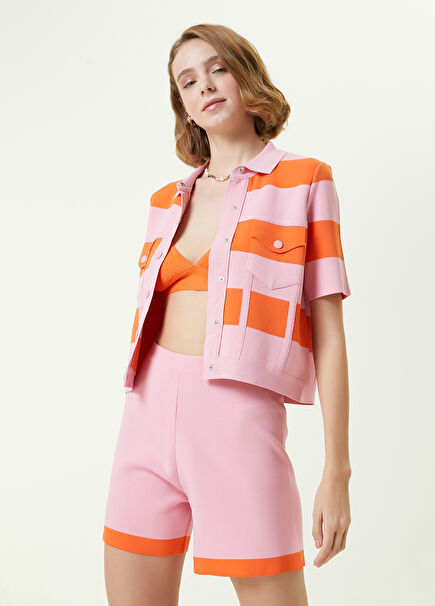 Pink Polo Neck Striped Trucker Knit Jacket
