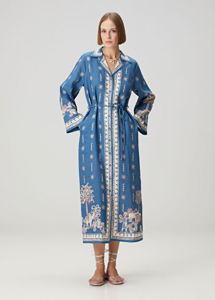 Acacia Mavi Midi Keten Gömlek Elbise